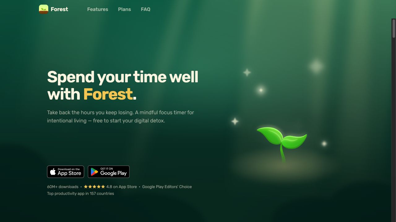 Forest official website showing its growing-tree focus concept