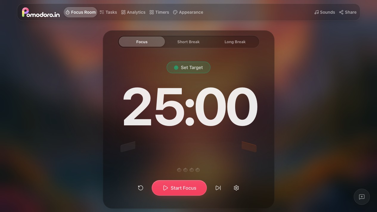 Pomodoro.in public browser timer after starting and pausing a focus session