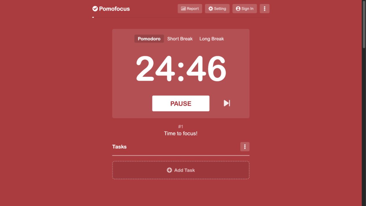 Pomofocus running a focus session in its public browser timer