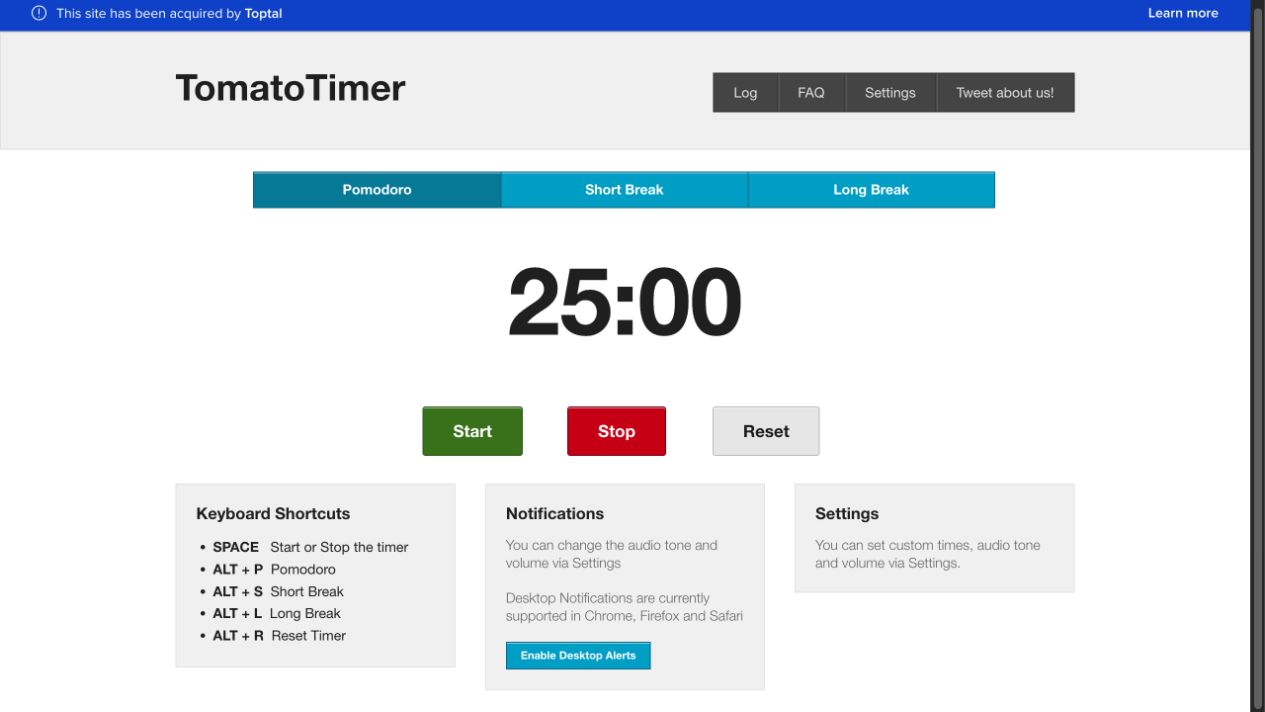 Toptal TomatoTimer browser countdown and its start, stop and reset controls